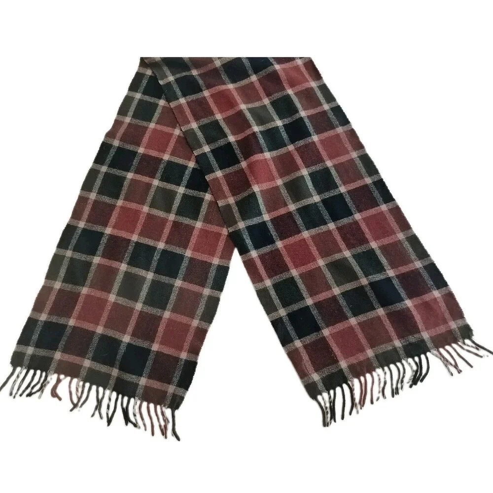 Vintage Pendleton Scarf 100% Virgin Wool Plaid Fringe Scarf Dark Colors 50”x11”